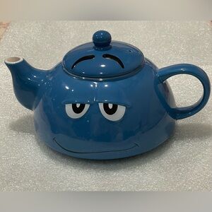 🥳BOGO! VTG Blue M&Ms World Teapot w Lid. Grumpy Tired Face. EUC